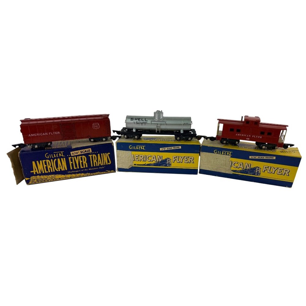American Flyer S Gauge 625 Shell‎ Tanker 642 Boxcar 638 Caboose Lot w Boxes